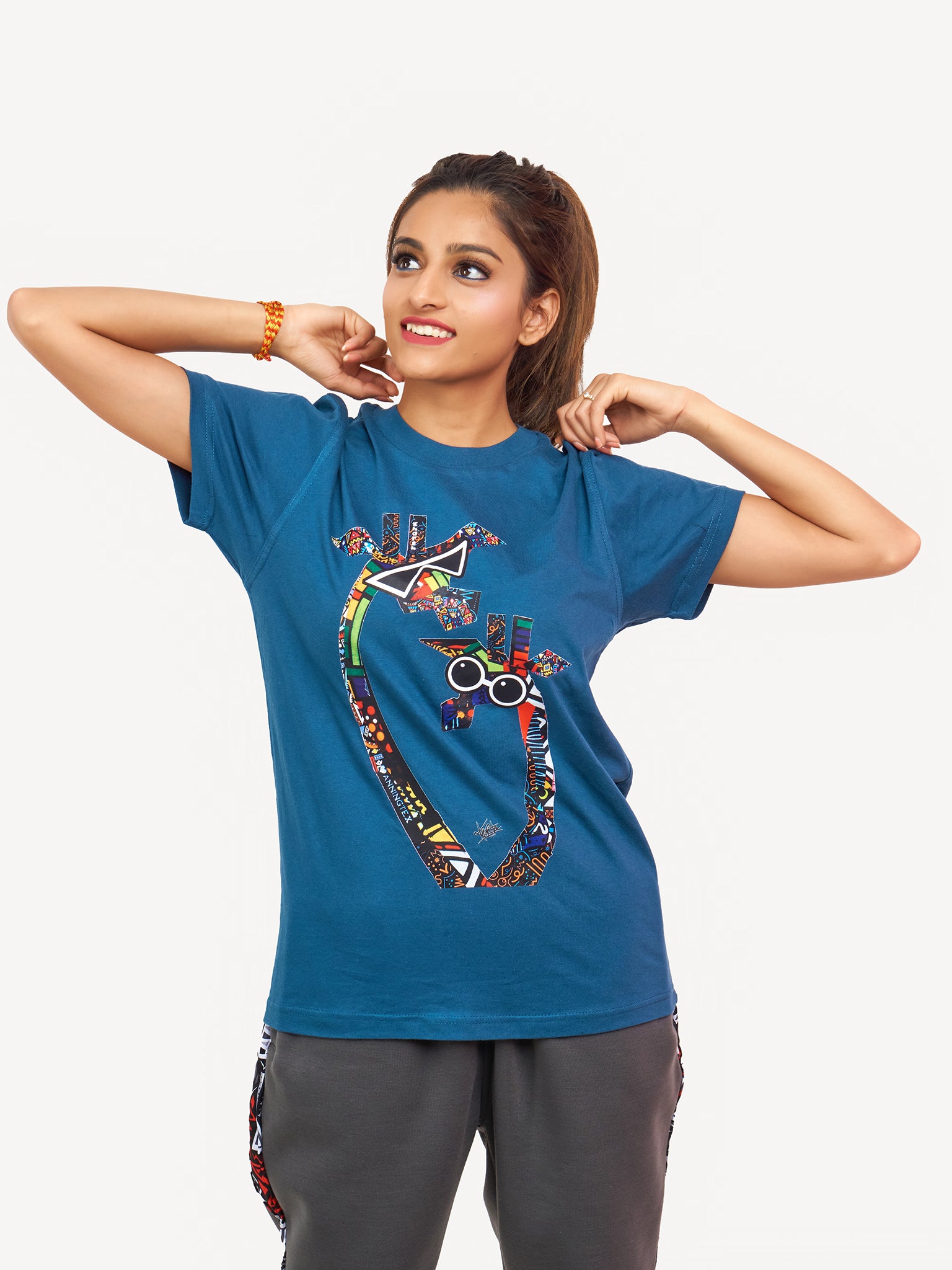 Kali Graphic Ts: Petrol Blue with Twiga