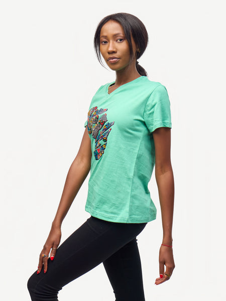 Ladies Graphic Ts: Lagoon Green with African Map 2