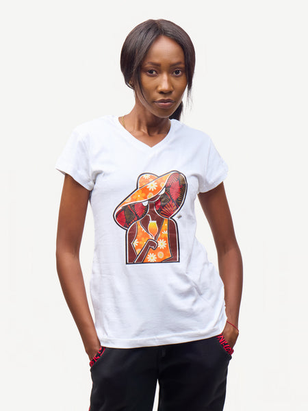 Ladies Graphic Ts: White with African Lady