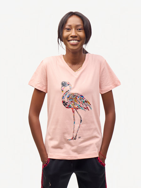 Ladies Graphic Ts: Baby pink with Flamingo