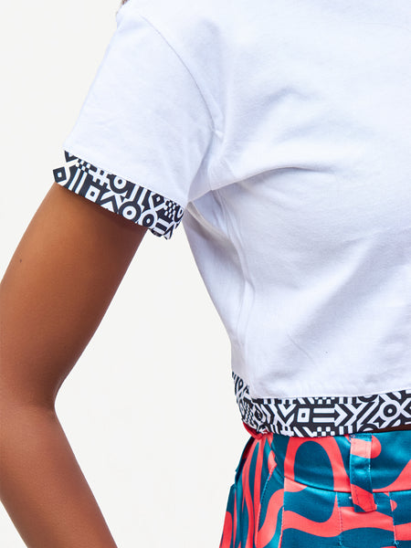 Ladies Crop Top: White with B&W Tribal