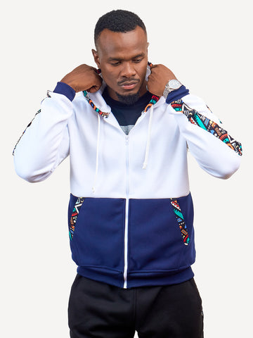 Kali Zipper Block Hoodies: White & Navy with Blue Tribal