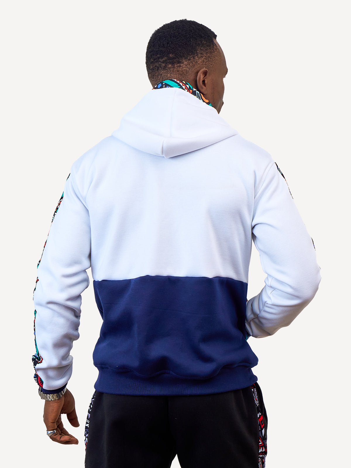 Kali Zipper Block Hoodies: White & Navy with Blue Tribal