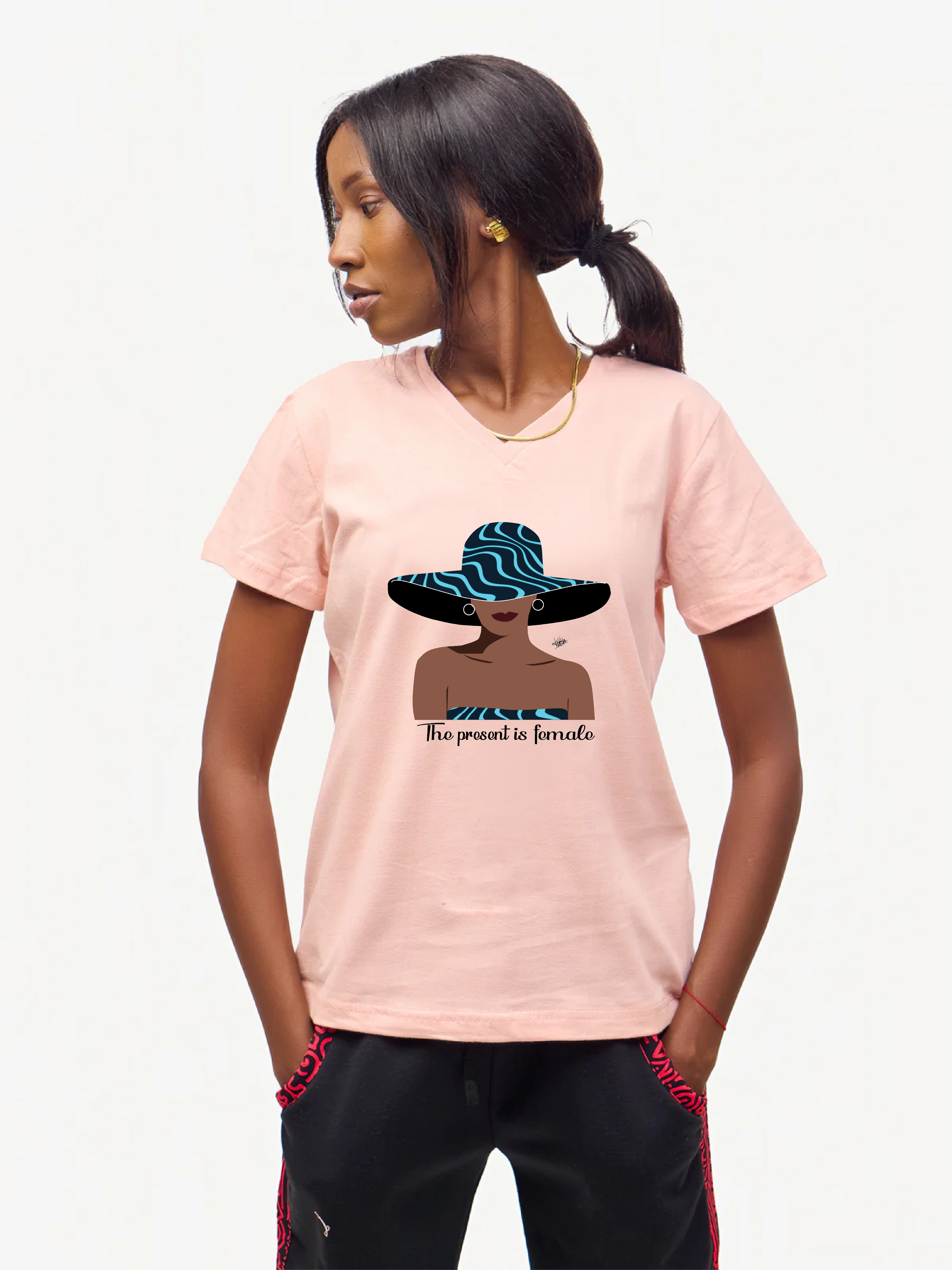 Ladies Graphic Ts: Baby pink with African Lady 3