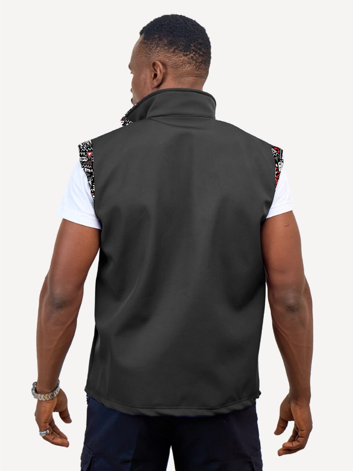 Black with Red & Grey KK Mens Softshell Jacket: Sleeveless