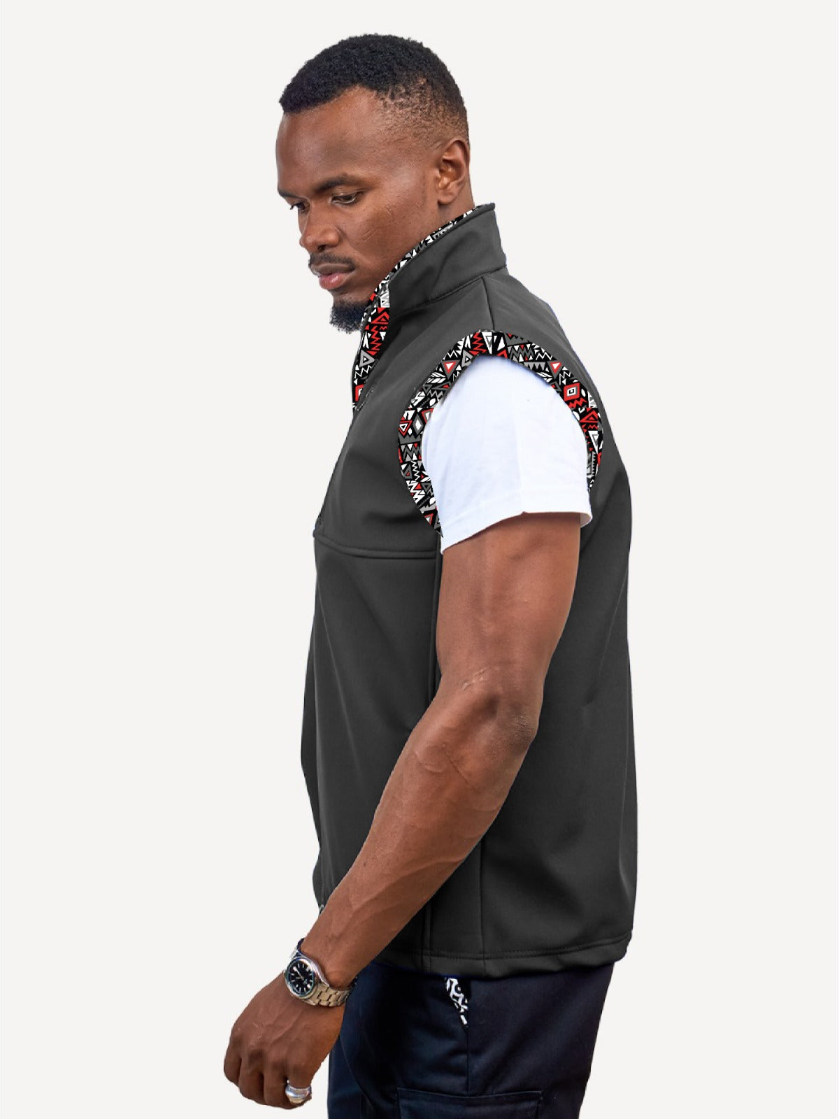 Black with Red & Grey KK Mens Softshell Jacket: Sleeveless